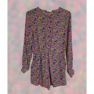 Vibrant Retro 60s Mod Romper ‎ Pixel Mosaic Print & Gold Hardware - S Freeway